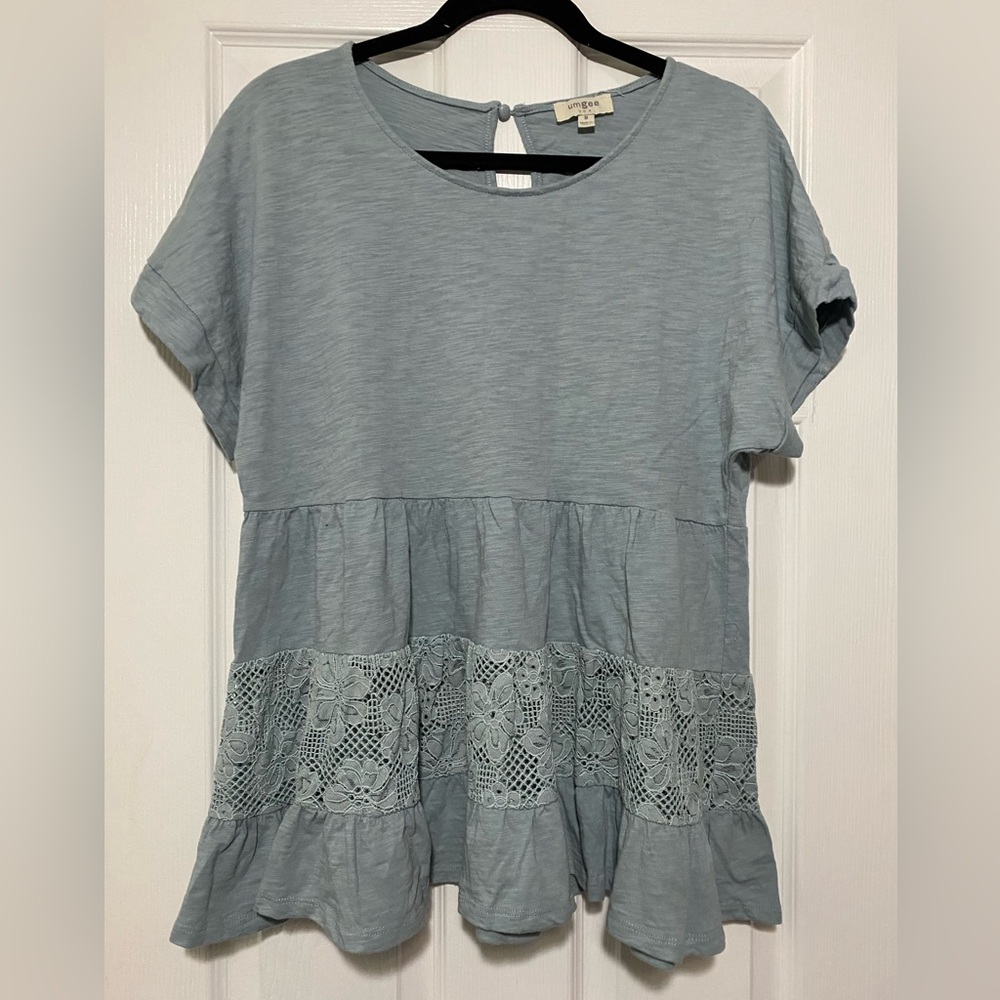Women's Umgee Blue Eyelet Lace Trim Top